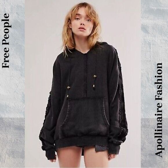 FREE PEOPLE XOXO SWEATSHIRT HOODIE IN BLACK MEDIUM NWT - Picture 1 of 10